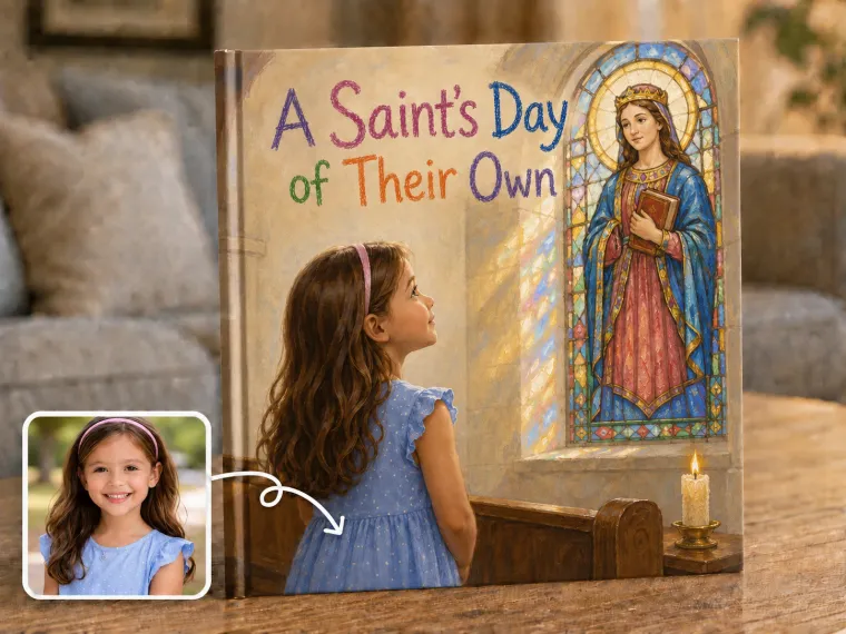 A child in a sunlit chapel looking up at a stained-glass window of their namesake saint.
