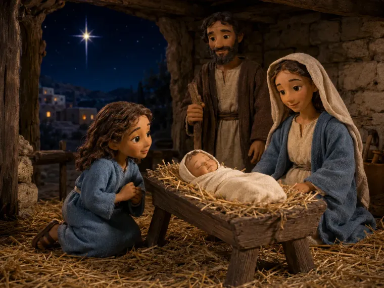 A night-time stable under one bright star, a child kneeling in the straw beside the manger.