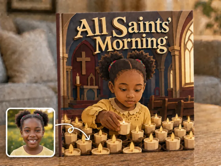 A church interior filled with rows of lit candles, a child placing one carefully among them.