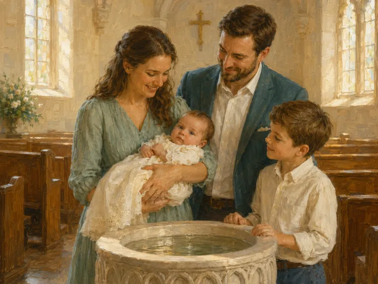 A sunlit church interior at a stone font, family gathered close, water catching the light.