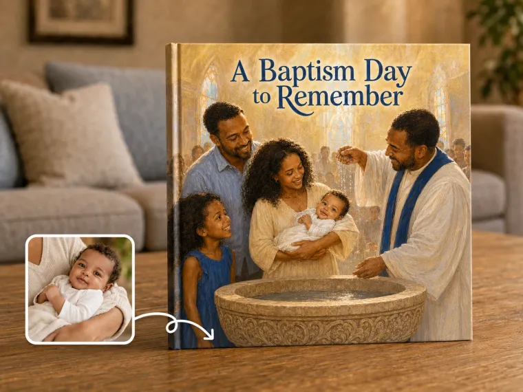 A sunlit church interior at a stone font, family gathered close, a baby in a white christening gown held over the font as water catches the light.