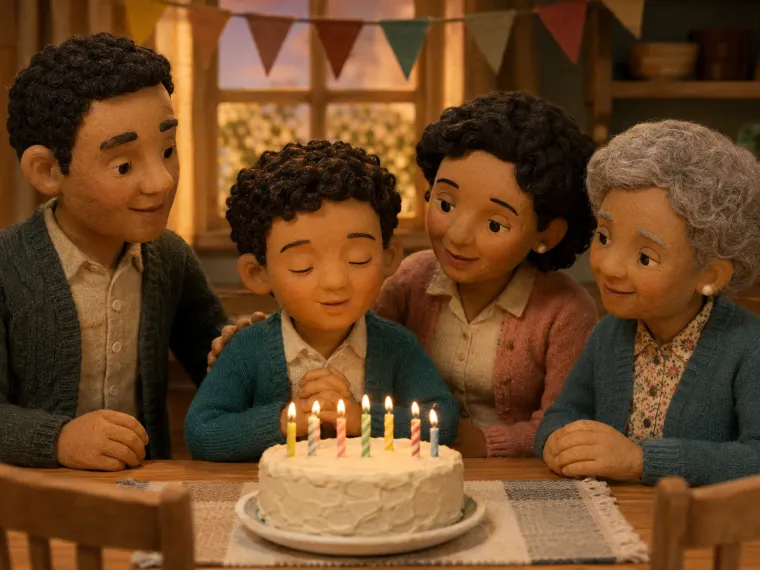 A family table with a birthday cake and candles, a child mid-wish, warm evening light.