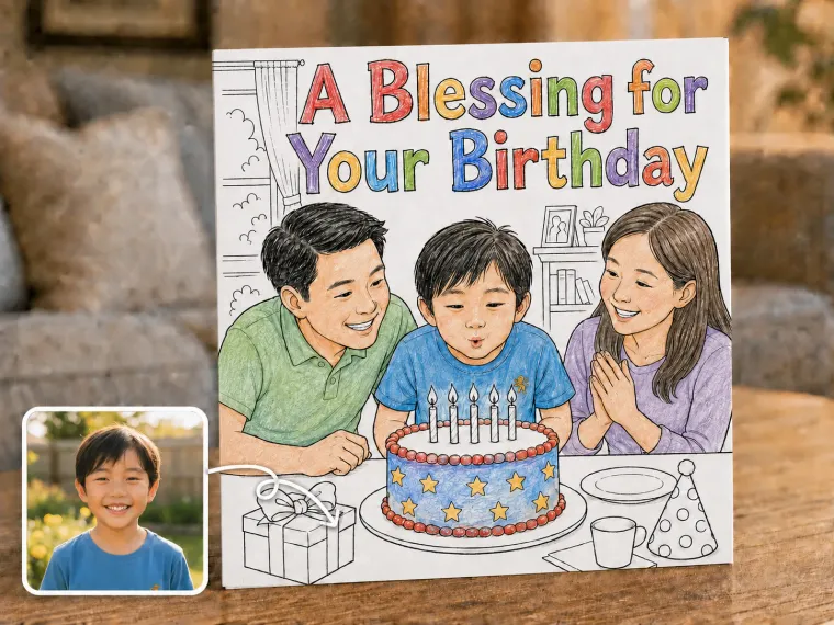 A family table with a birthday cake and candles, a child mid-wish, warm evening light.