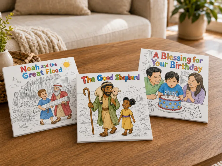 Three coloring books standing on a wooden coffee table in a warm living room, their covers showing line art partly filled in with crayon.