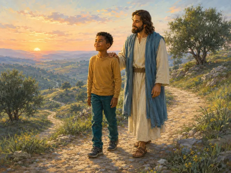 A child at the top of a path at first light, Jesus a step behind with a hand on their shoulder.