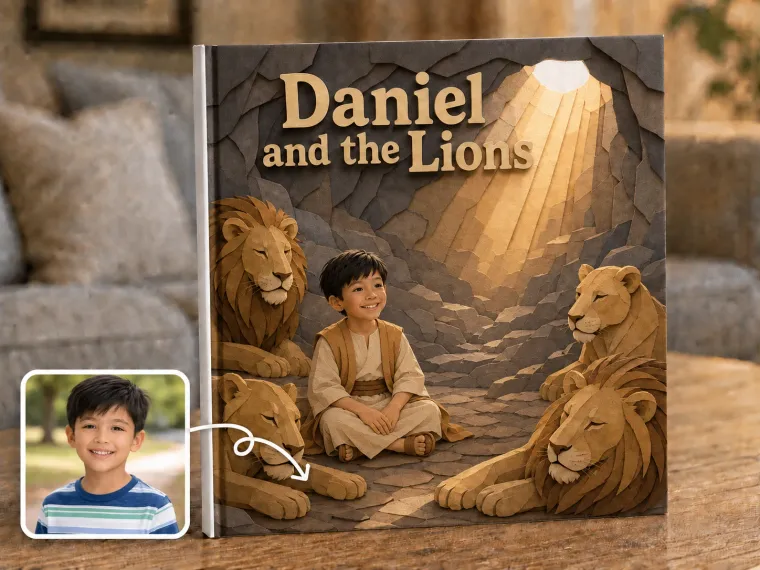 A stone den at dawn, light falling through an opening above, lions resting calmly beside a seated child and Daniel.