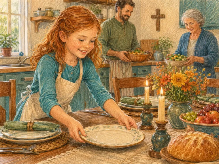 A warm family kitchen laid for a feast day, candles lit, a child setting the table.