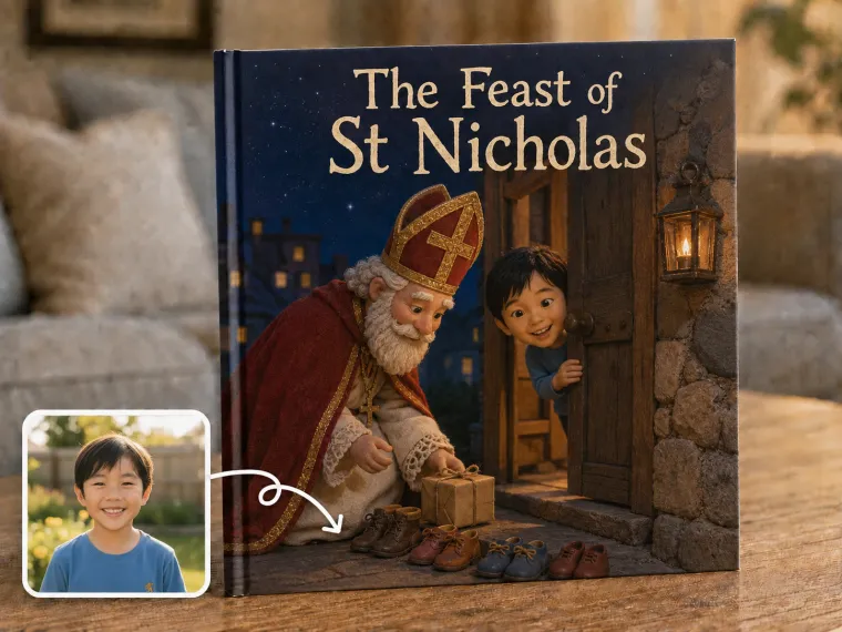 A doorway at night with small shoes set out, a cloaked bishop leaving a parcel, a child peeking round the door.