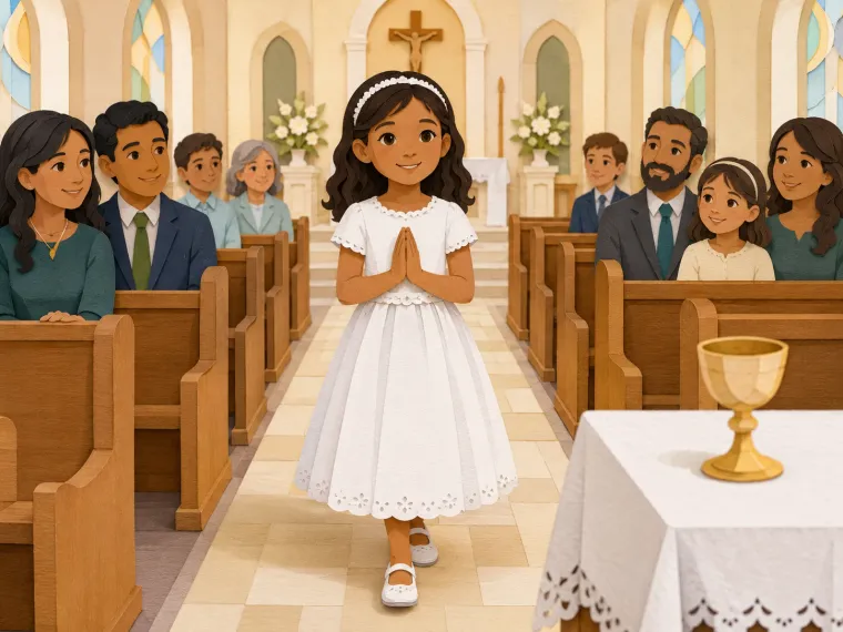 A child in white walking a church aisle toward the altar, families in the pews either side.
