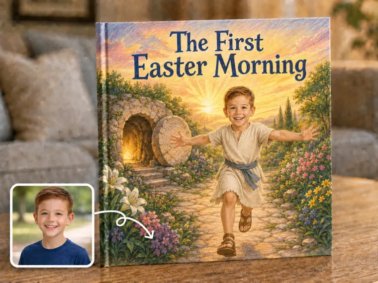 A garden at sunrise with the tomb's stone rolled aside, a child running down the path with arms wide, light breaking behind.