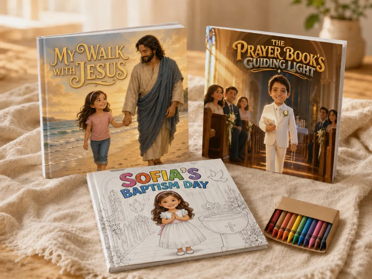 Three personalized keepsakes on a knitted blanket: a hardcover, a paperback, and a coloring book with crayons