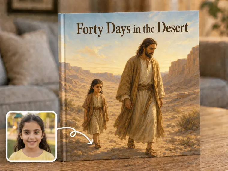 A vast pale desert at dawn with rock formations, a solitary figure walking, a child a few steps behind.