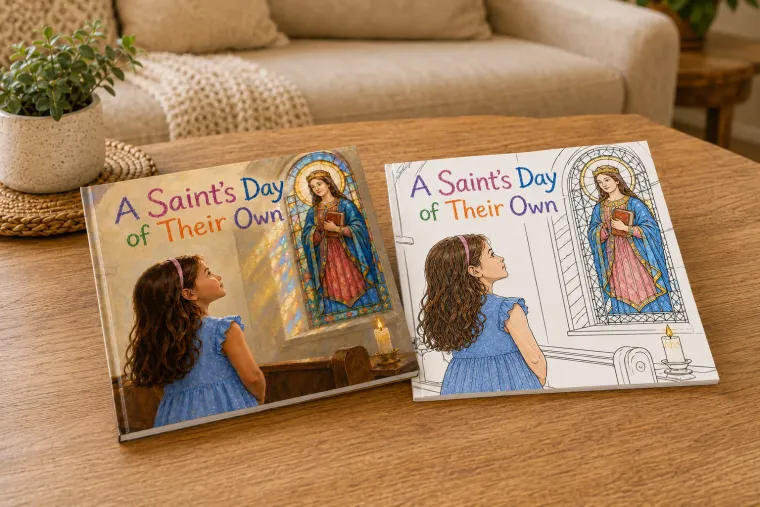 The hardcover and the coloring book together, styled as a gift with ribbon.