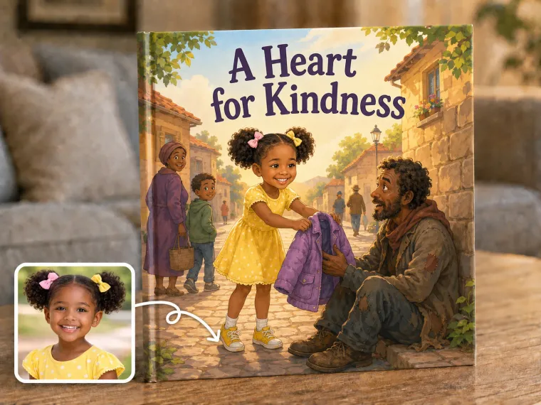 A village street where a child offers a coat to someone sitting by a wall, warm light, passers-by turning to look.