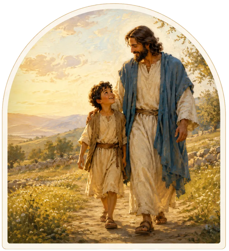 Jesus walking a country path hand in hand with a young child at sunrise