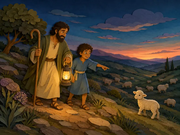 A hillside at dusk with a shepherd and a child searching by lantern light, sheep scattered below.