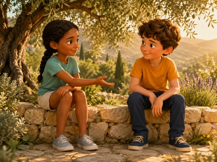 Two children on a low wall under an olive tree, one offering a hand, late-afternoon light.