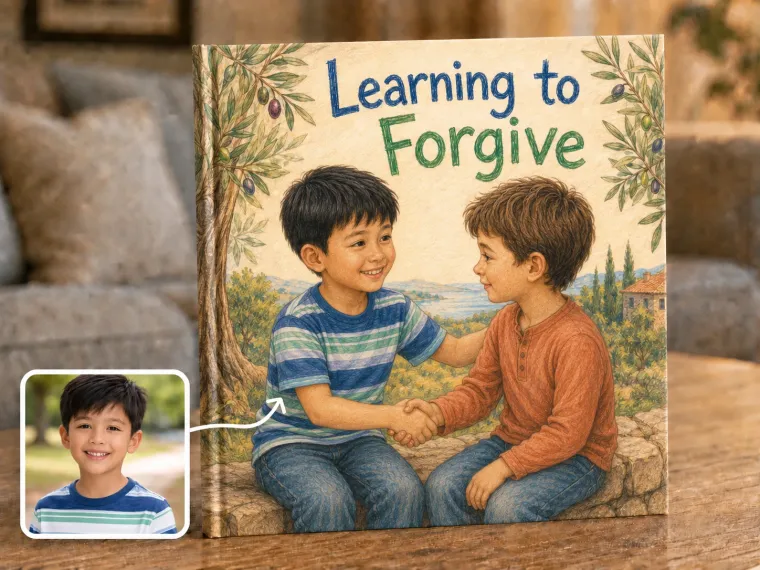 Two children on a low wall under an olive tree, one offering a hand, the other beginning to smile.