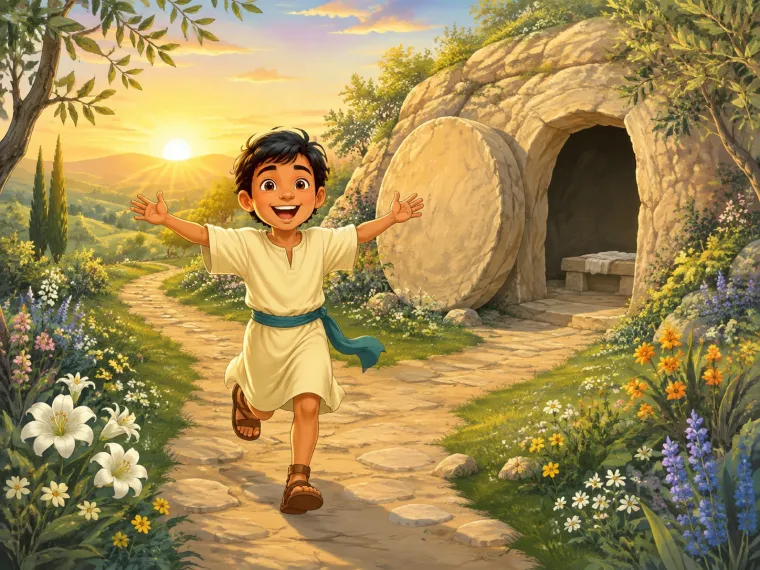 A garden at sunrise, the tomb's stone rolled aside, a child running down the path with arms wide.