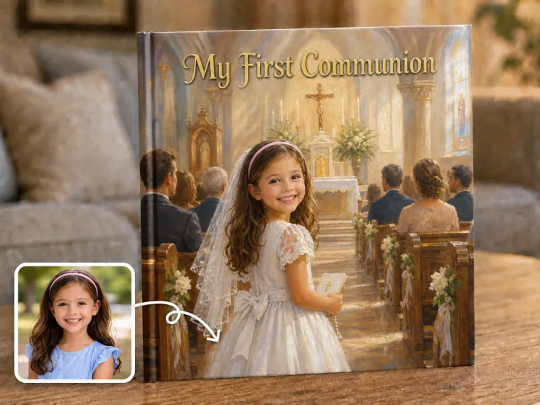 A child in white walking a church aisle toward the altar, families in the pews either side, light from high windows.