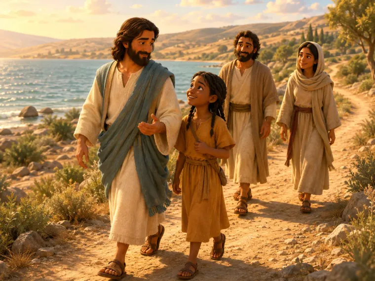 A dusty road beside the Sea of Galilee, Jesus walking with a small group, a child among them.