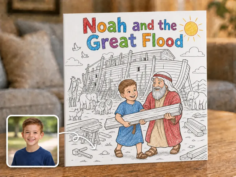 A huge wooden ark under construction in bright sun, animals gathering in pairs, a child carrying a plank alongside Noah.