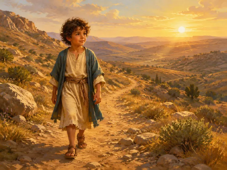 A wide desert landscape at golden hour with a child walking a stony path, ancient hills behind.