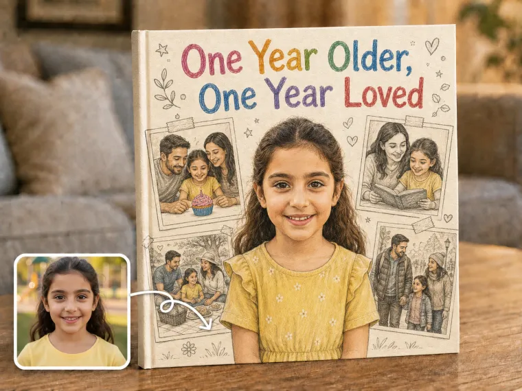 A child surrounded by small vignettes of the past year, family faces in each, warm and scrapbook-like.
