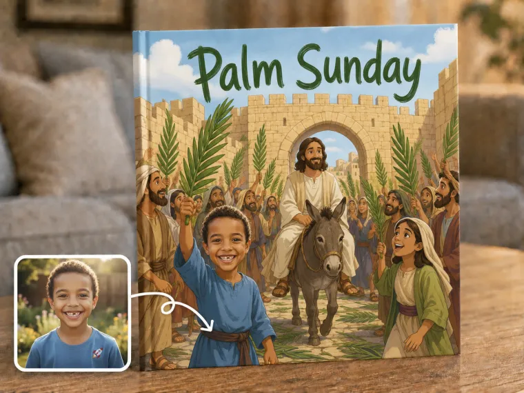 A city gate crowded with people waving palm branches, a child among them holding a branch high.