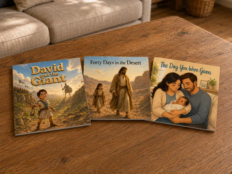 Three paperbacks propped on a wooden coffee table in a warm living room, each showing a different story's cover.