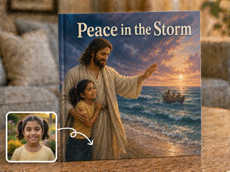 A small fishing boat on a rough sea at dusk, Jesus standing with a hand raised, a child sheltering close as the waves settle.