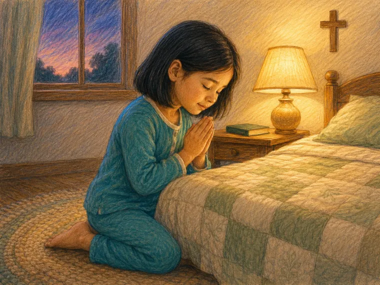A bedroom at dusk, a child kneeling at the bedside with hands folded, lamplight low.