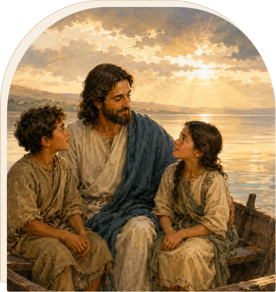 Jesus seated in a boat at sunrise with two children, the sea calm around them