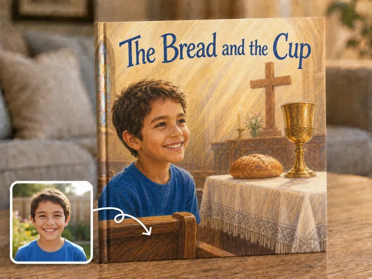 An altar laid with bread and a chalice, a child watching closely from the front pew.