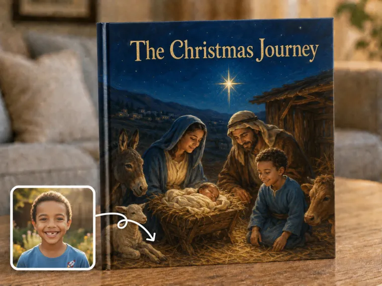 A night-time stable lit by a single star, Mary and Joseph at the manger, a child kneeling in the straw among the animals.