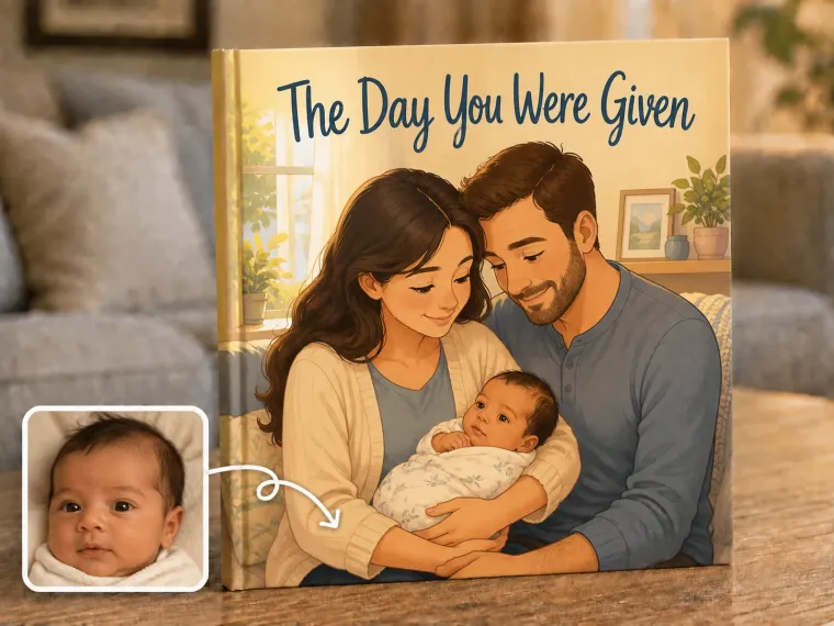 A quiet home scene of parents holding a newborn, soft morning light through a window.