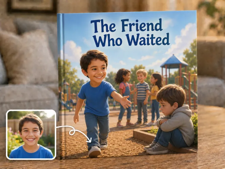 A playground at the edge of a group, one child standing apart, another walking over to bring them in.