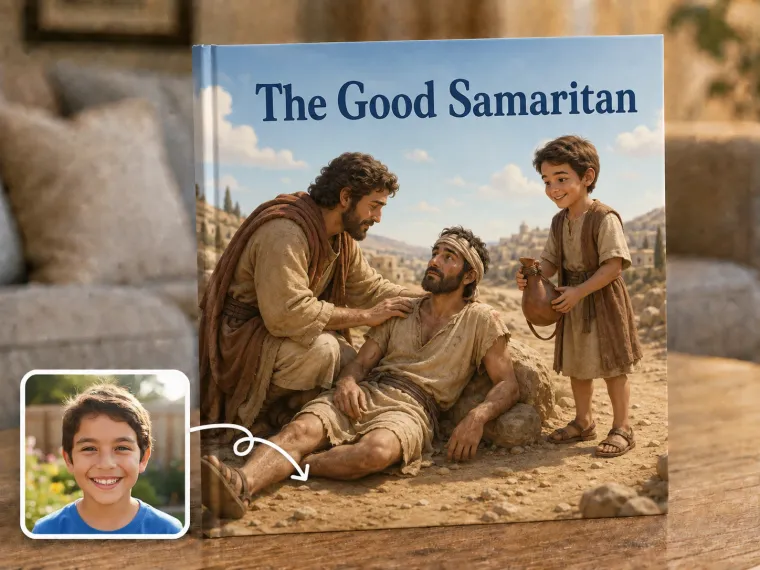A dusty roadside at midday, a traveller kneeling to help a stranger, a child bringing a water skin.