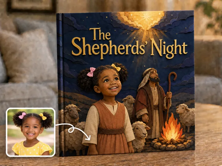 A dark hillside with sheep and a shepherd's fire, the sky above breaking open in gold, a child looking up.