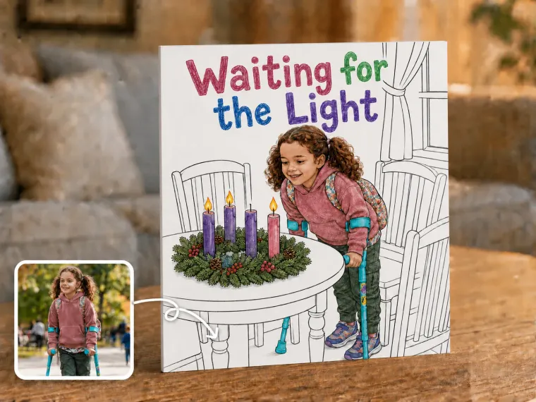 A family table with an Advent wreath, three candles lit, a child leaning in to watch the flame.