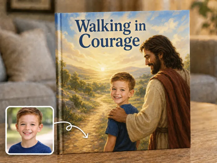 A child at the top of a path at first light, Jesus a step behind with a hand on their shoulder, the way ahead opening up.