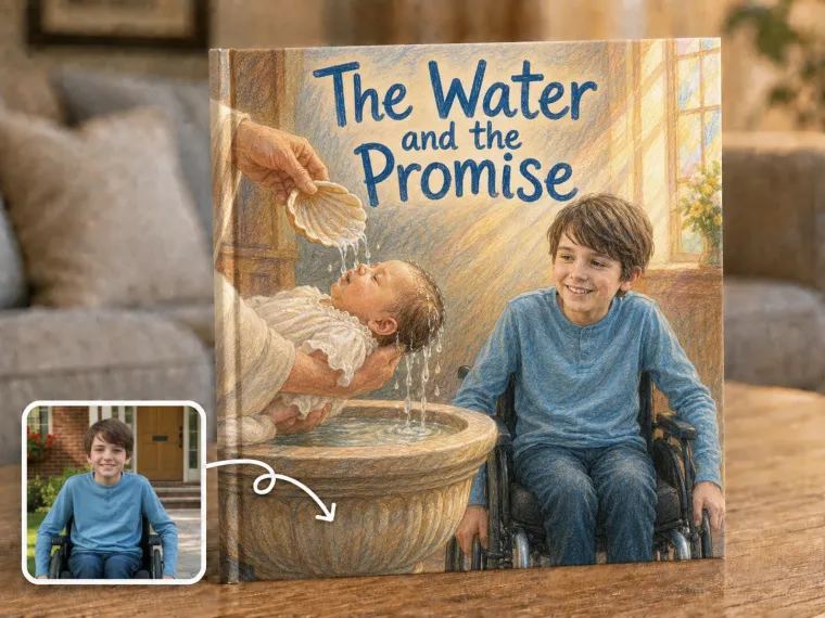 A close view of water poured from a shell over a baby's head at the font, an older child watching from close by, light through a window catching the drops.