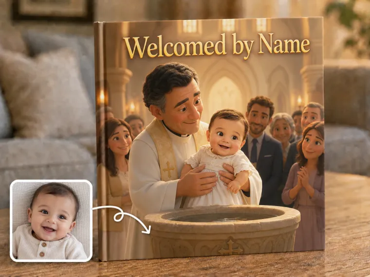 A priest holding a baby at the font, the congregation standing behind, faces turned in.