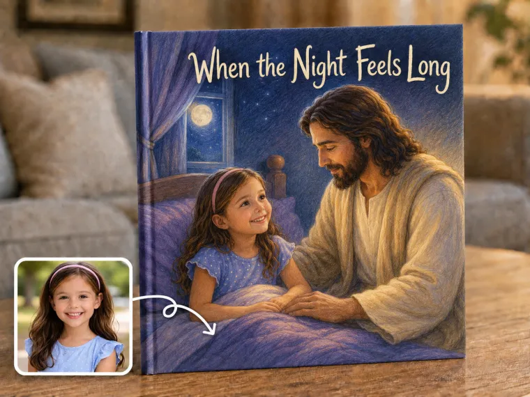 A dim bedroom with moonlight through the curtains, a child awake, a warm presence seated at the end of the bed.