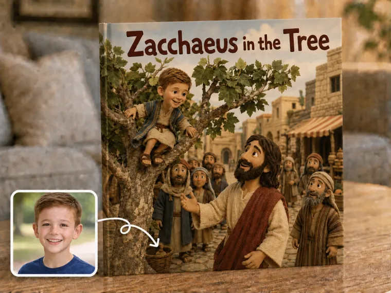 A busy street lined with people, a child perched in the branches of a sycamore, Jesus looking up and smiling.